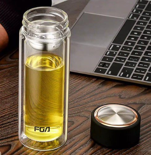 Double Wall Glass Tea Bottle - Handcrafted with Steel Infuser