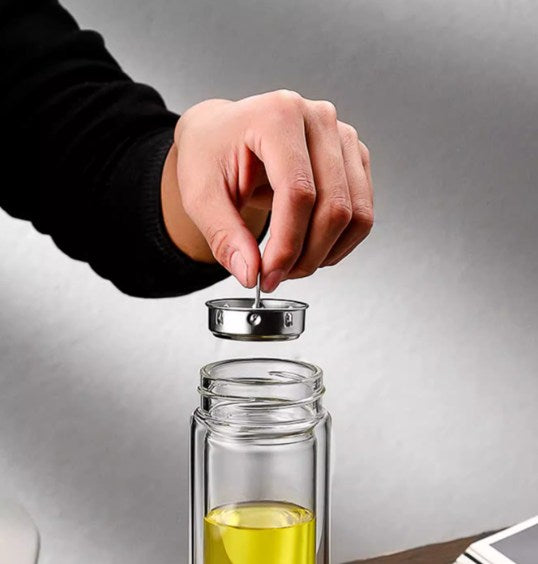 Double Wall Glass Tea Bottle - Handcrafted with Steel Infuser