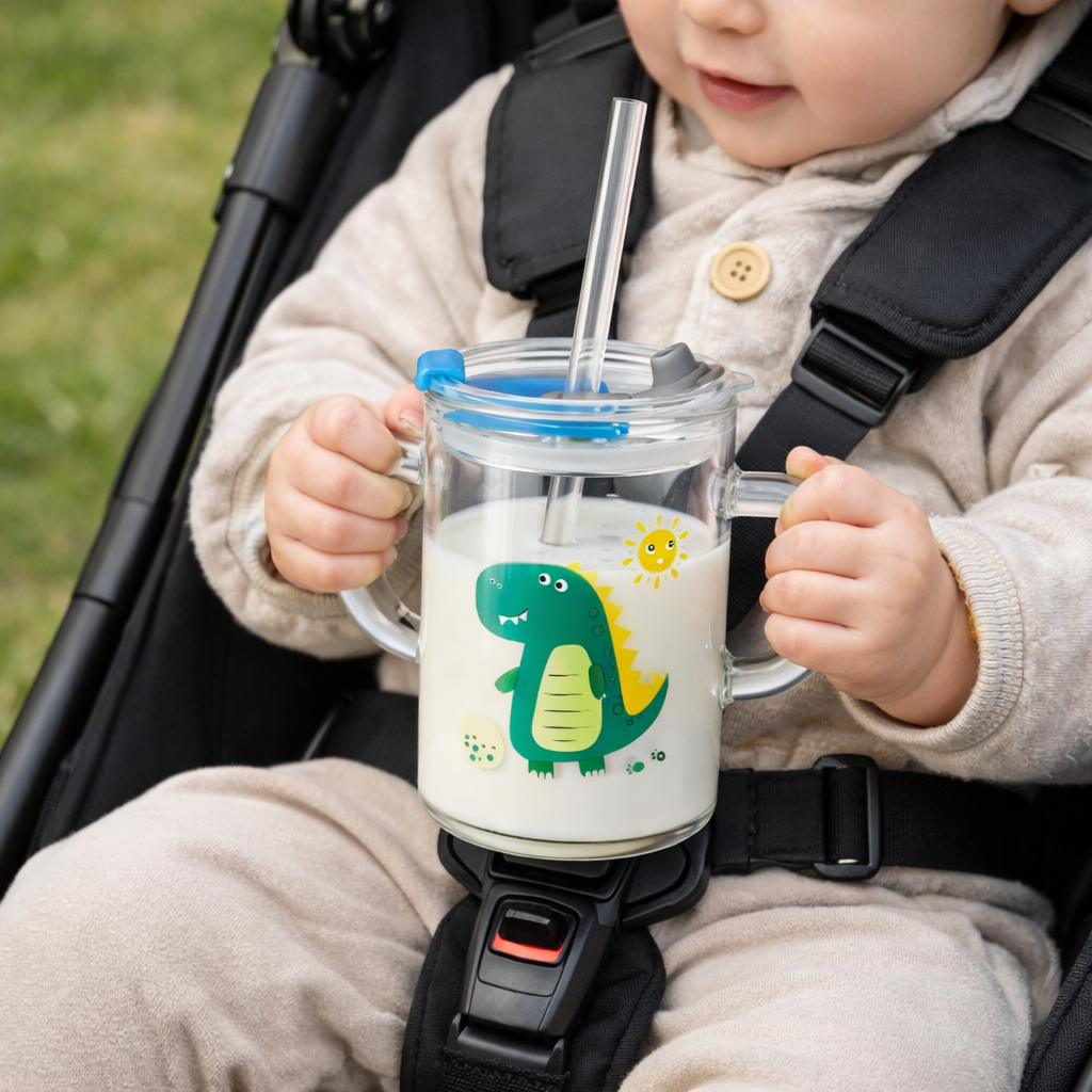 Kids Glass Milk Cup - Microwave Safe & Soft Straw 300ml