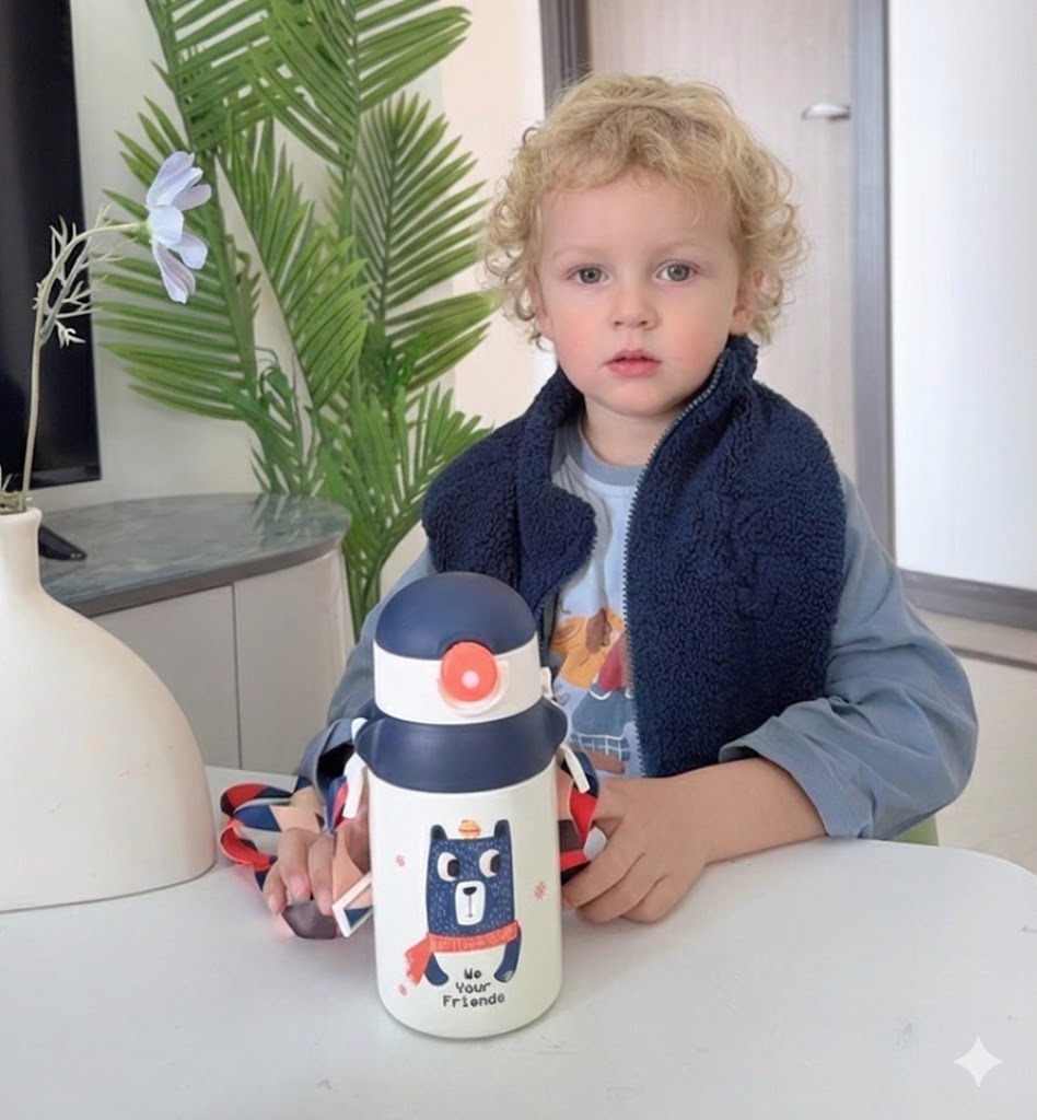 Antibacterial Kids Thermos 420ml - Temp-Sensing Straw & Strap