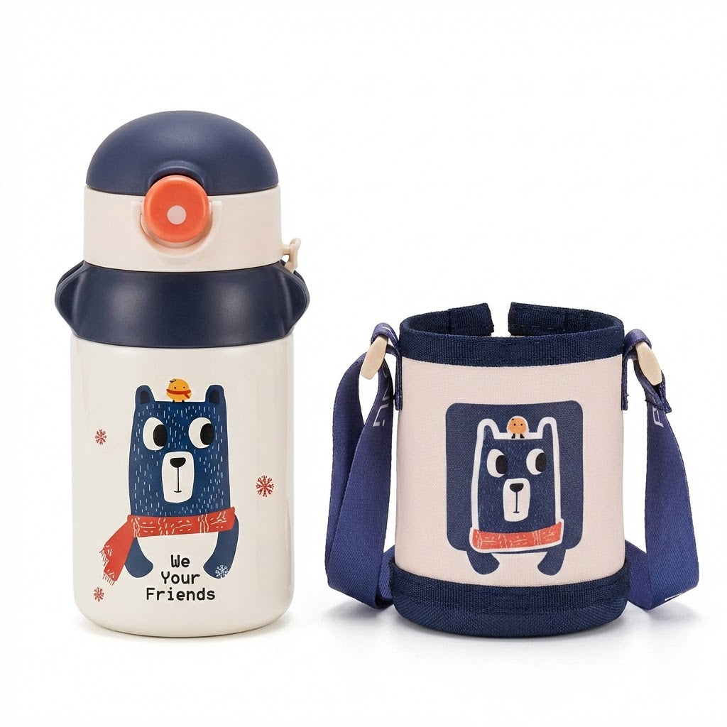 Antibacterial Kids Thermos 420ml - Temp-Sensing Straw & Strap