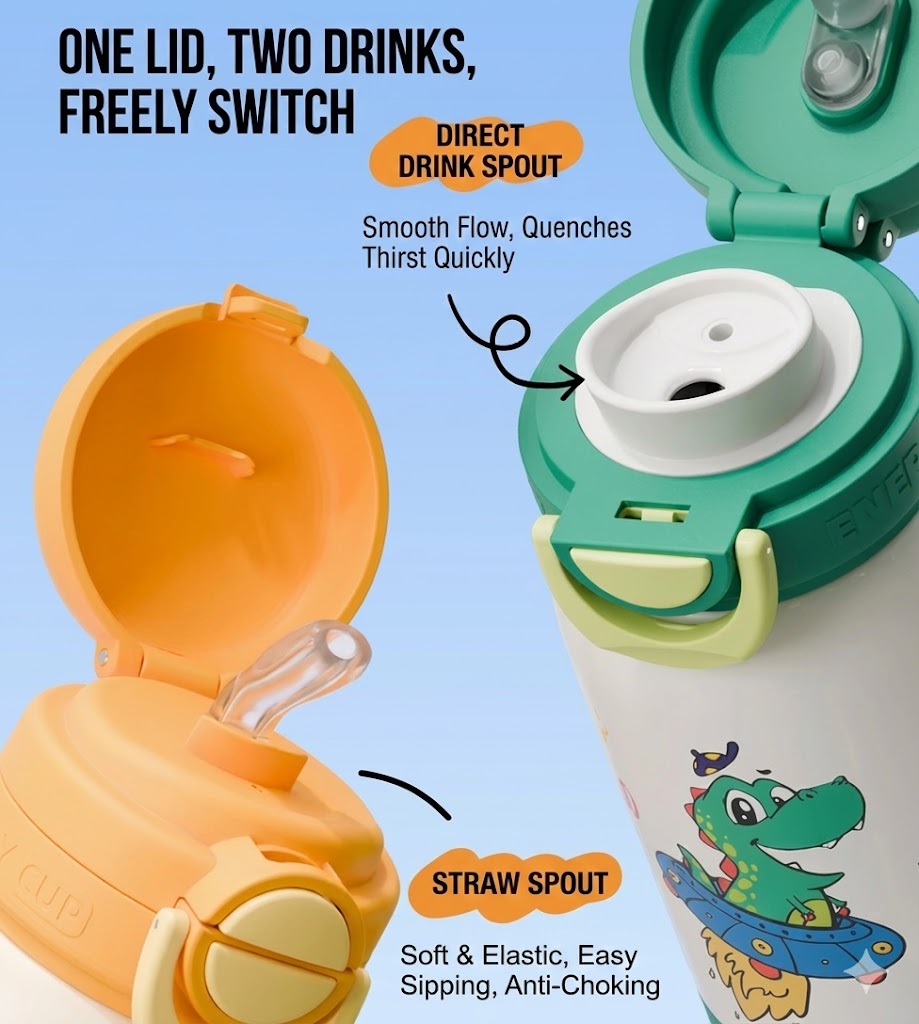 Kids Insulated Water Bottle - 316L Steel & Dual Straw 560ml