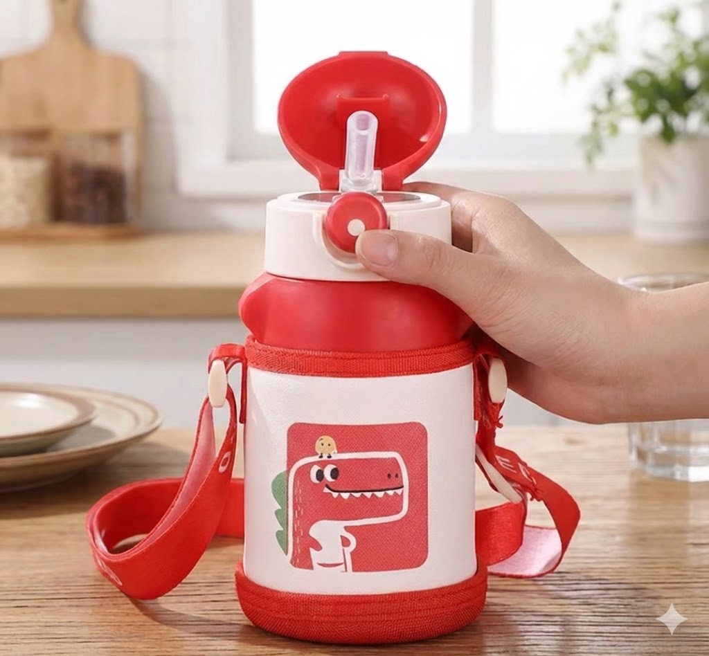 Antibacterial Kids Thermos 420ml - Temp-Sensing Straw & Strap